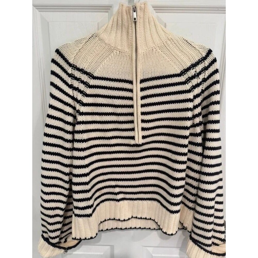 H&M Cream and Black Striped Half-Zip Jumper